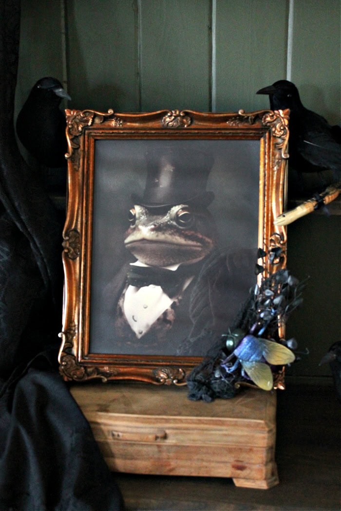 DIY Halloween frog frame with crow decorations, creepy cloth and a snack accent on a dark green cabinet.