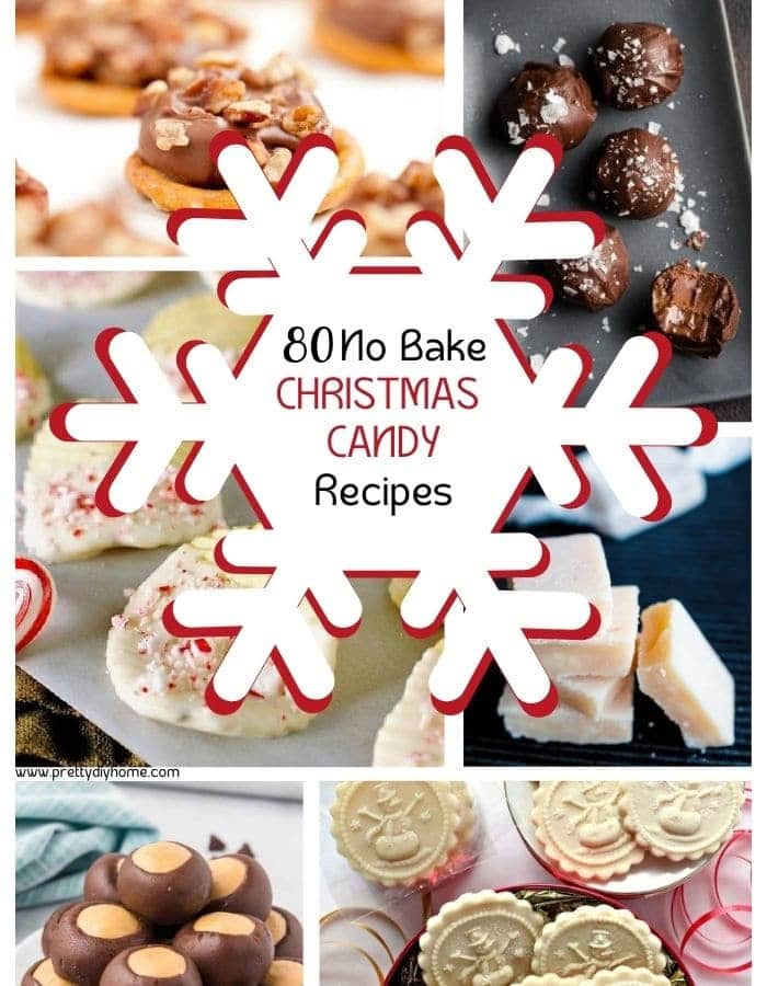 Collage of Christmas candies with a large white snowflake in the center that reads 80 No Bake Christmas Candy Recipes. Includes assorted sweets like fudge, truffles, peppermint bark, and toffee on a festive background.