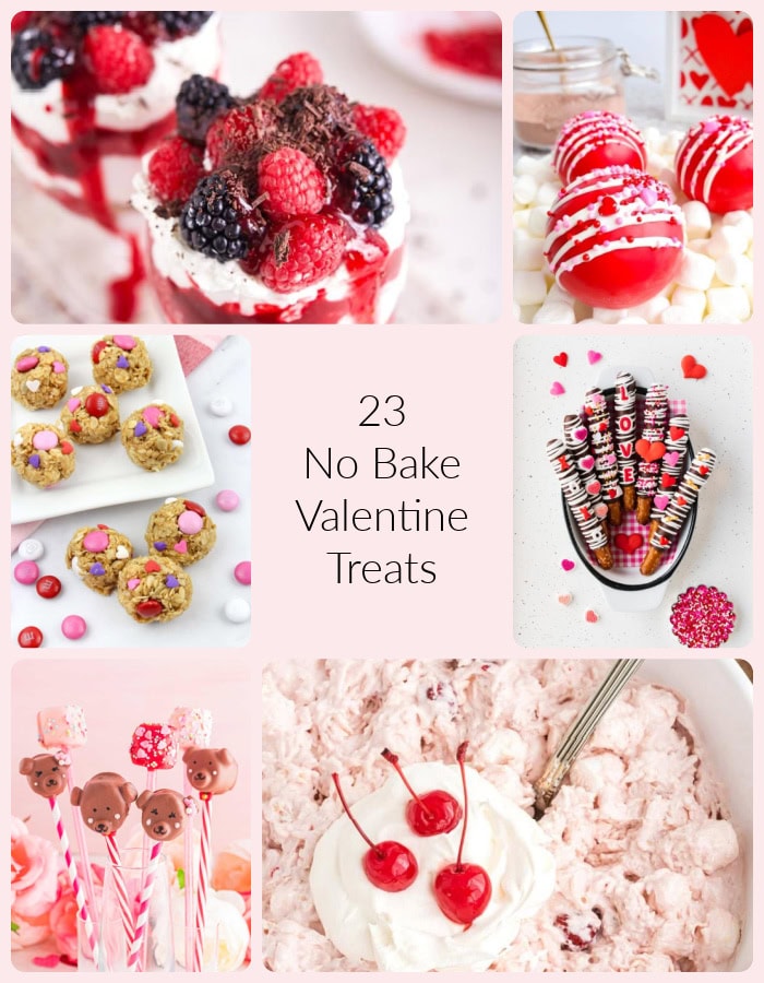 A collage of 6 different Valentine treats pretzels, candies, chocolate dipped strawberries and no bake desserts