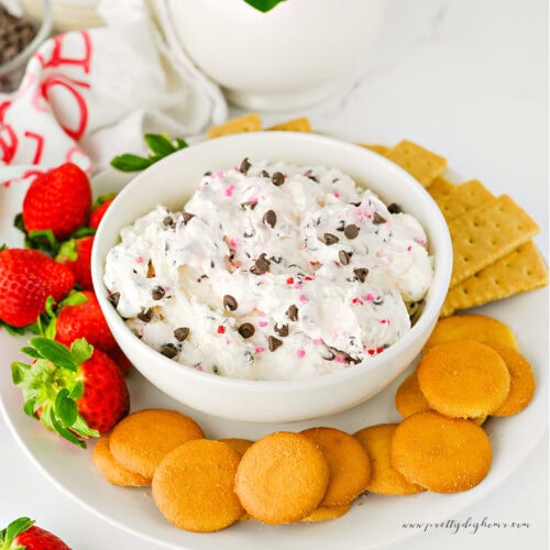 Chocolate chip cream cheese dip served with vanilla wafers, graham crackers, and fresh strawberries.