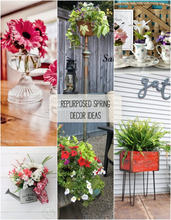 Collage of repurposed spring decor ideas using thrifted items including planters, floral arrangements, and vintage-style outdoor displays