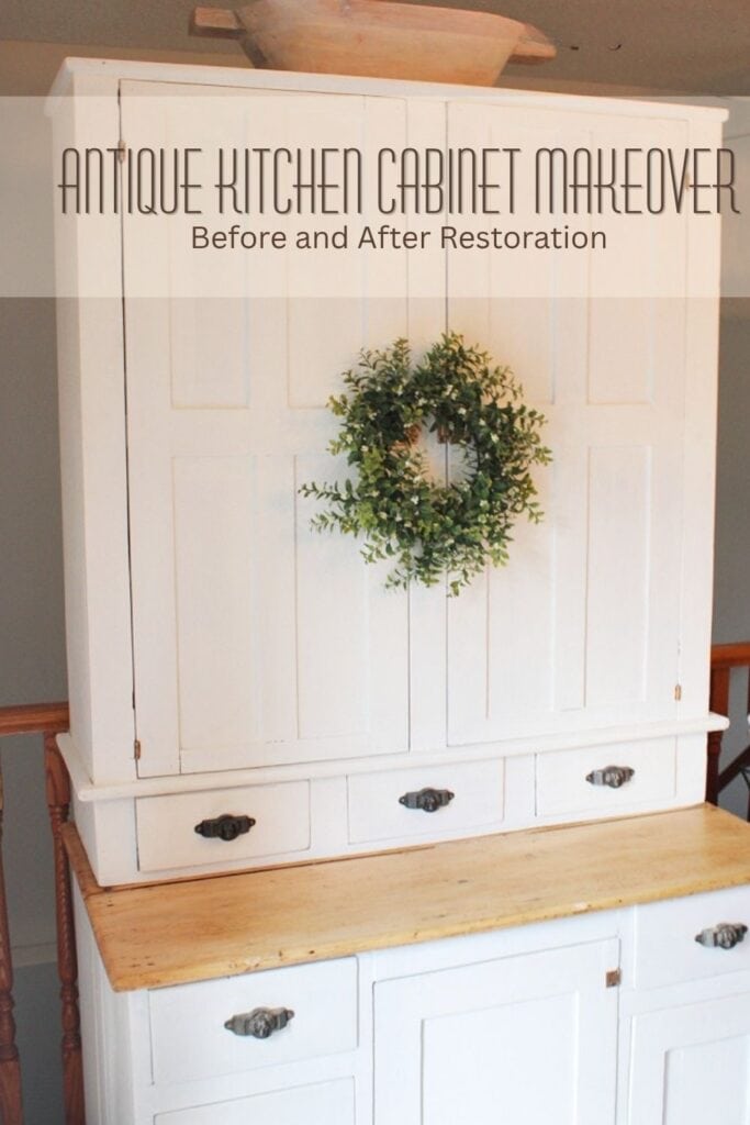 Antique kitchen cabinet makeover with restored hardware, white painted finish, and natural wood countertop in a cottage style dining room.