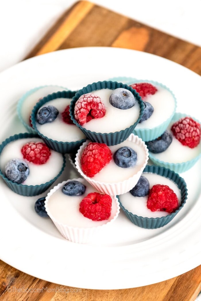 Berry frozen yogurt bites topped with raspberries and blueberries