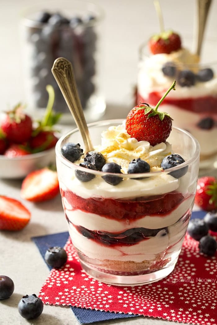 No bake berry cheesecake cups layered with strawberries, blueberries, and creamy cheesecake filling