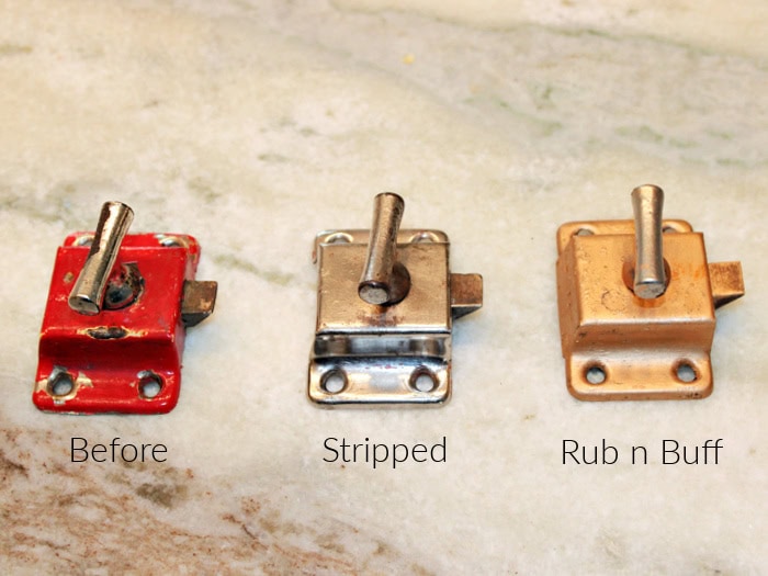 Vintage cabinet latch before and after makeover showing restored metal hardware on an antique kitchen cabinet.