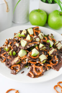 Easy fall caramel apple bark made with fresh apples, pretzels, chocolate, and caramel.