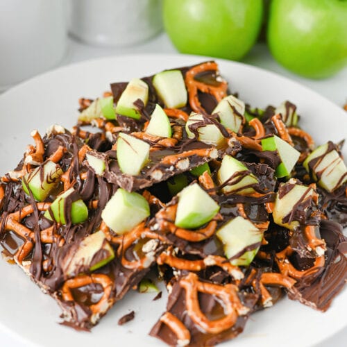 Easy fall caramel apple bark made with fresh apples, pretzels, chocolate, and caramel.