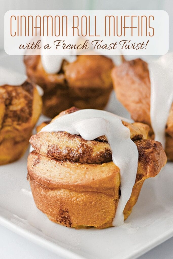 Easy cinnamon roll muffins topped with icing and served on a white plate with a French toast twist.