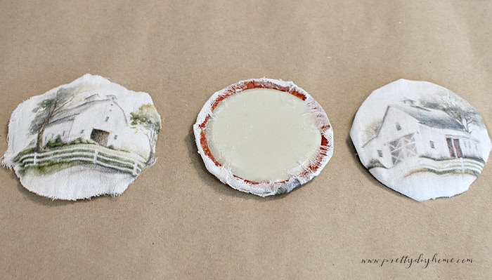 Three stages of making a printable fabric flower center showing the fabric circle, wrapped insert back, and finished padded center.