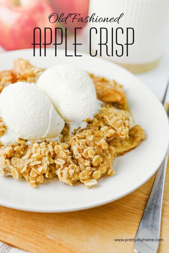 Old fashioned apple crisp with oat topping served warm with vanilla ice cream on a white dessert plate.