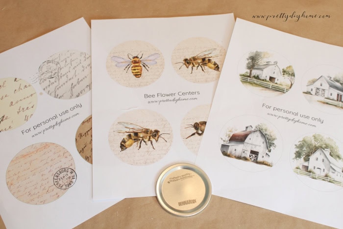 Printable vintage flower center collections featuring bees, prairie barns, and heirloom letter designs.