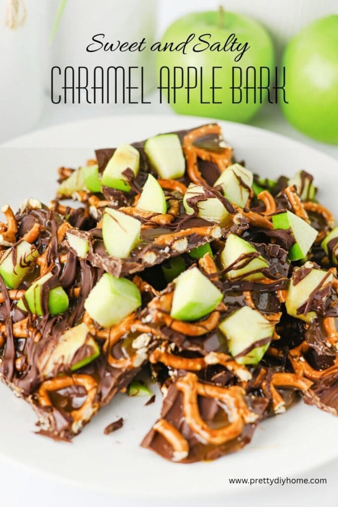 Sweet and salty caramel apple bark topped with fresh Granny Smith apples, pretzels, chocolate, and caramel on a white plate.