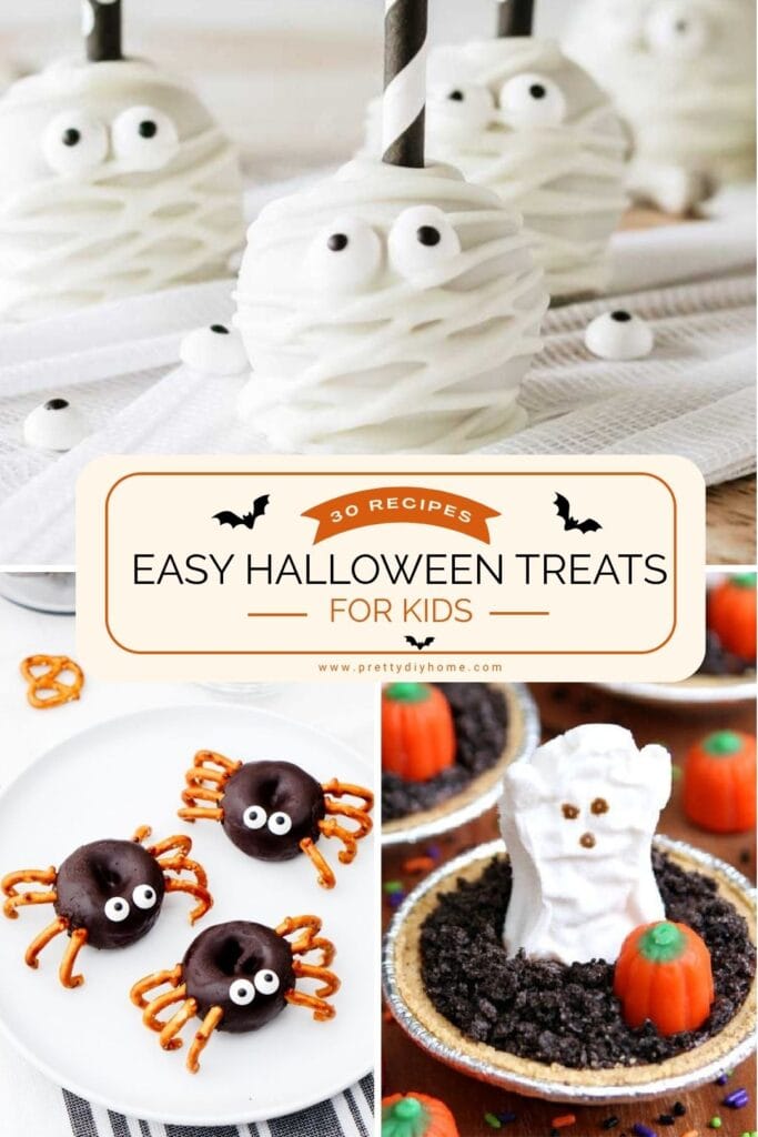 vertical Pinterest collage features white mummy cake pops, chocolate donut spiders with pretzel legs, and mini Halloween pudding pies topped with marshmallow ghosts and candy pumpkins.