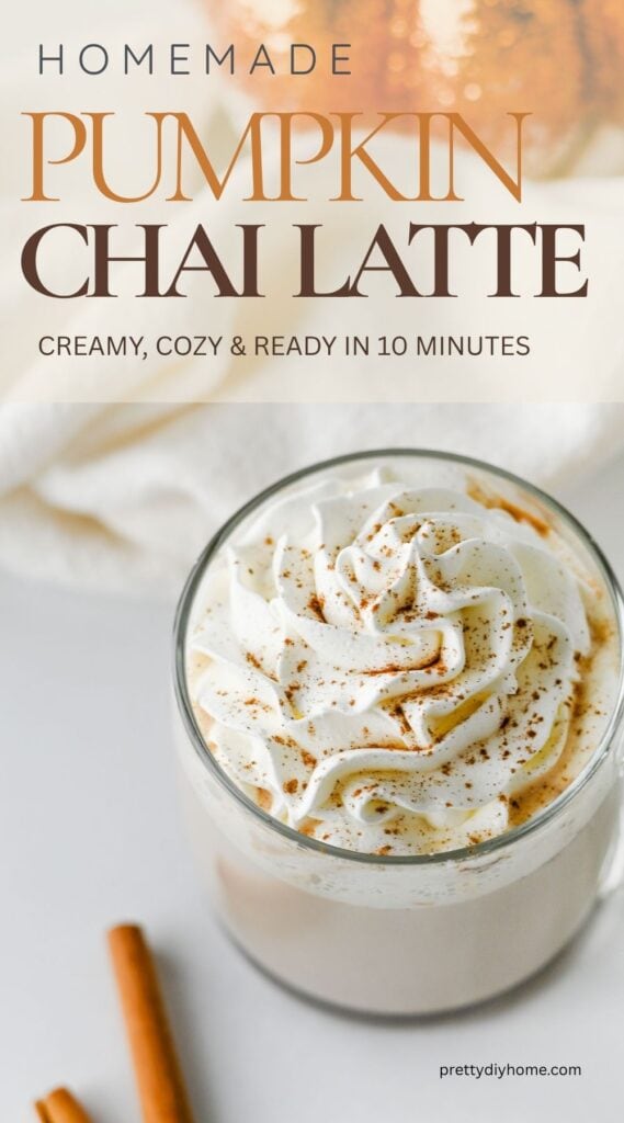 Alt Text:
Pinterest graphic for a homemade pumpkin chai latte topped with whipped cream and pumpkin pie spice.