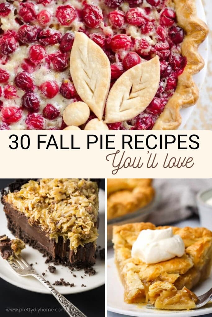 Featured image with chocolate, peach, and cranberry pies for a collection of fall pie recipes.