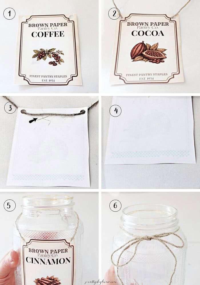 A six-step collage shows how to attach printable vintage pantry labels to a glass jar using twine and tape.