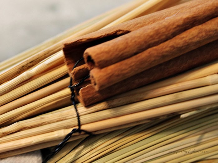 Cinnamon sticks wired to a wheat bundle and secured into the broomcorn fibres of a DIY cinnamon broom.