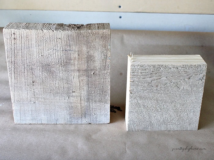 Two cut wood blocks in different sizes prepared for making a DIY barn quilt shelf sitter.