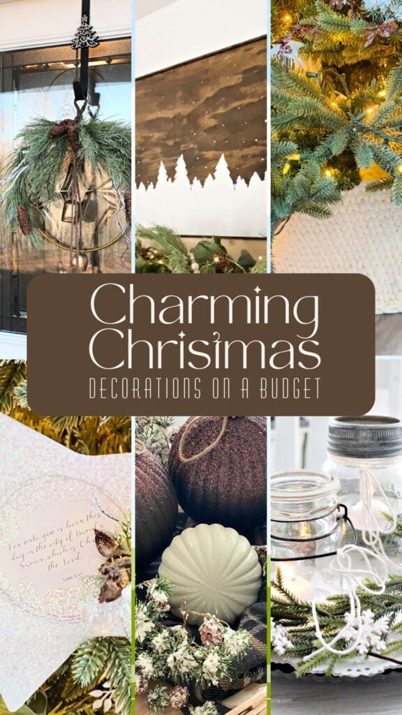 A collage of six neutral Christmas decorating ideas including a wreath, Christmas tree, crocheted tree collar, ornaments, and mason jar decor.