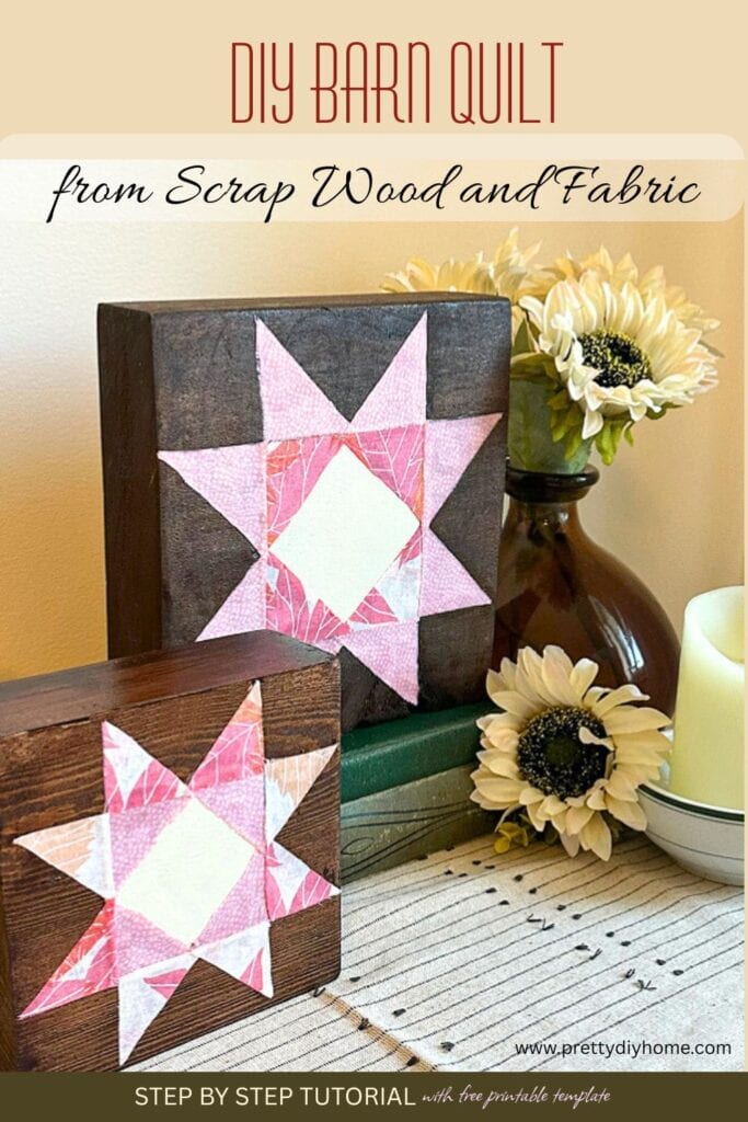 DIY barn quilt shelf sitters made from stained scrap wood and pink fabric, styled with cream flowers and vintage books for fall decor.