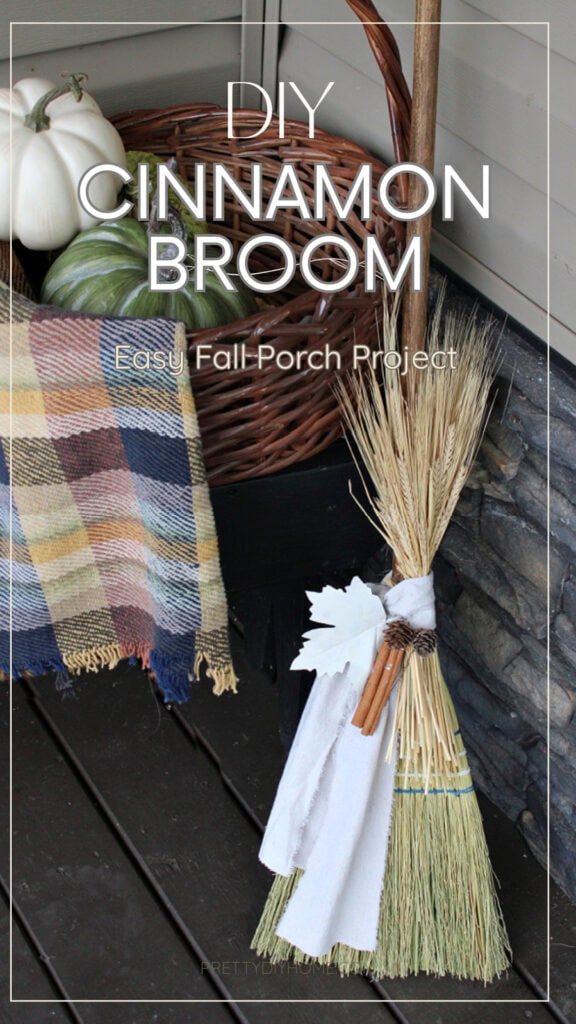 DIY cinnamon broom decor styled on a fall front porch with pumpkins, plaid fabric, wheat, cinnamon sticks, and warm white accents.
