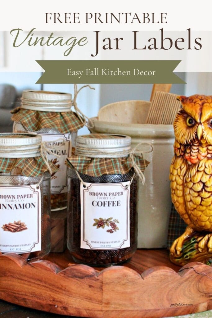 A Pinterest graphic featuring free printable vintage jar labels on plaid-topped glass jars styled with a ceramic owl and warm fall kitchen decor. The text overlay says free printable vintage jar labels.