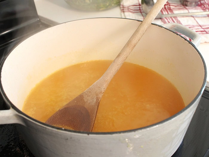 Making sweet pickling brine for homemade cowboy candy.