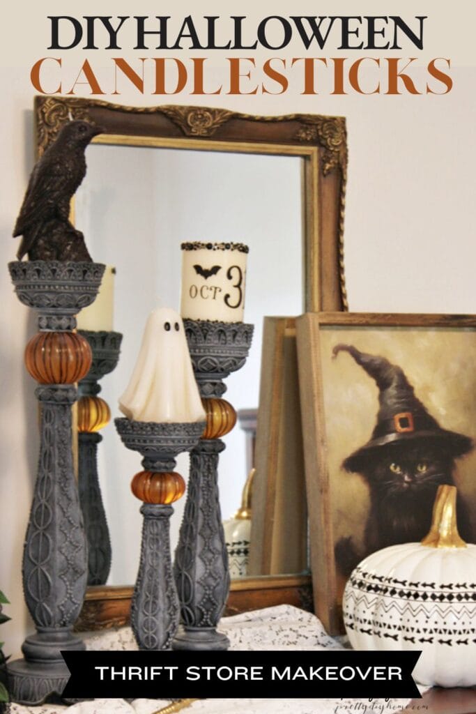 DIY Halloween candlesticks made from thrifted 1970s candlesticks with a ghostly aged finish.