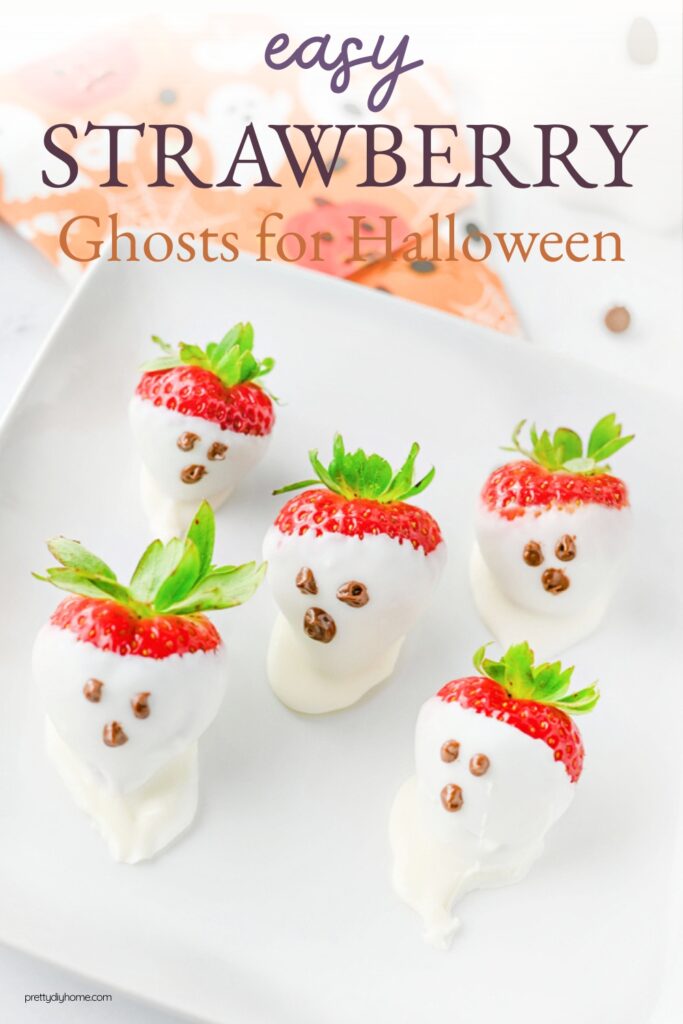 Easy strawberry ghosts for Halloween made with fresh strawberries, white chocolate, and simple chocolate faces.