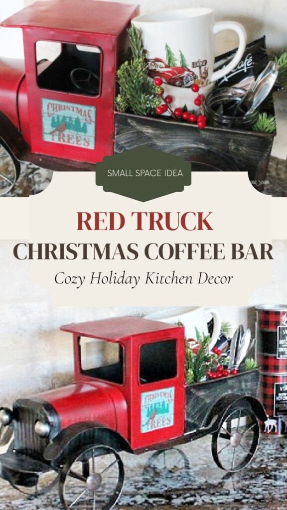 Red Truck Christmas Coffee Bar with small space holiday kitchen decor.