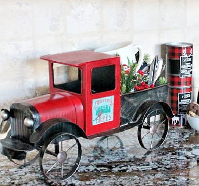 Red Truck Christmas Coffee Bar with small space holiday kitchen decor.