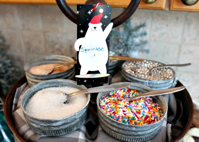 Hot chocolate toppings with sugar, colorful sprinkles, and festive Christmas bear tag.