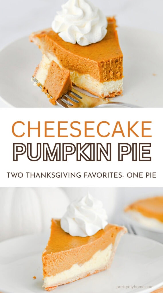 Pumpkin pie cheesecake with creamy cheesecake and spiced pumpkin layers topped with whipped cream.